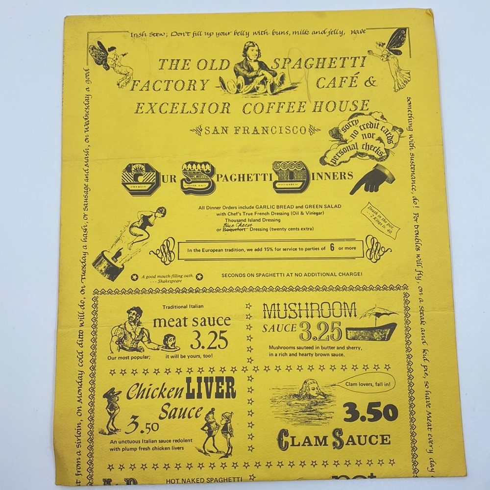 Vintage restaurant menu |The Old Spaghetti Factory Cafe & Excelsior Coffee House